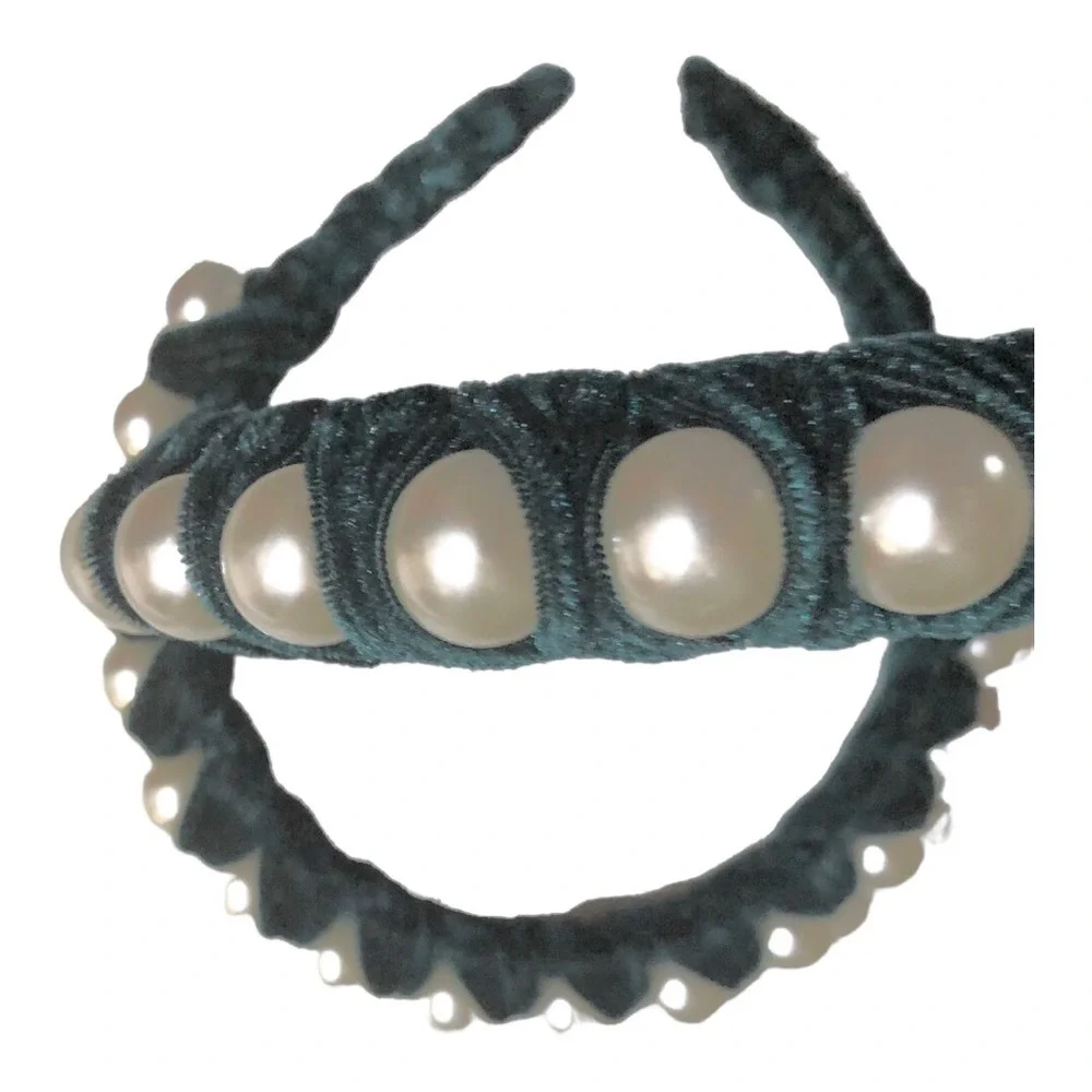 2 pack Green velvet oversized pearl‎ adorned embellished headband new